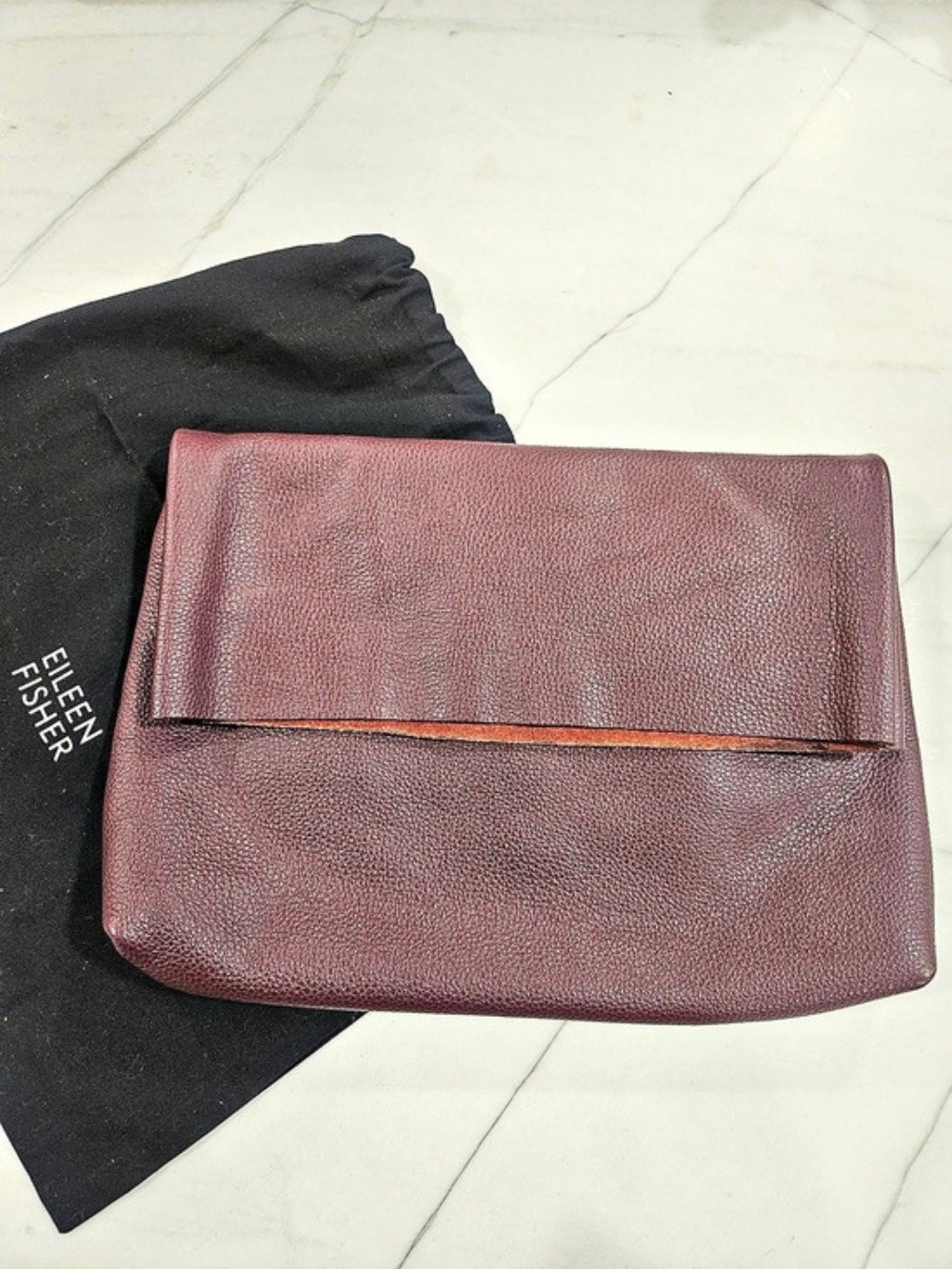Eileen Fisher Italian Pebled Leather Foldover Clutch Bag - Burgundy & Orange
